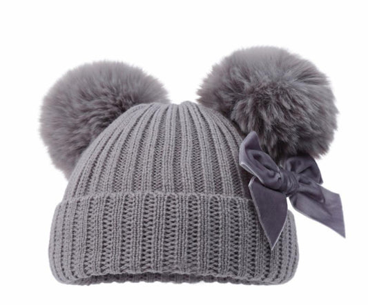 Pom Pom Hat - Grey / Velvet Bow