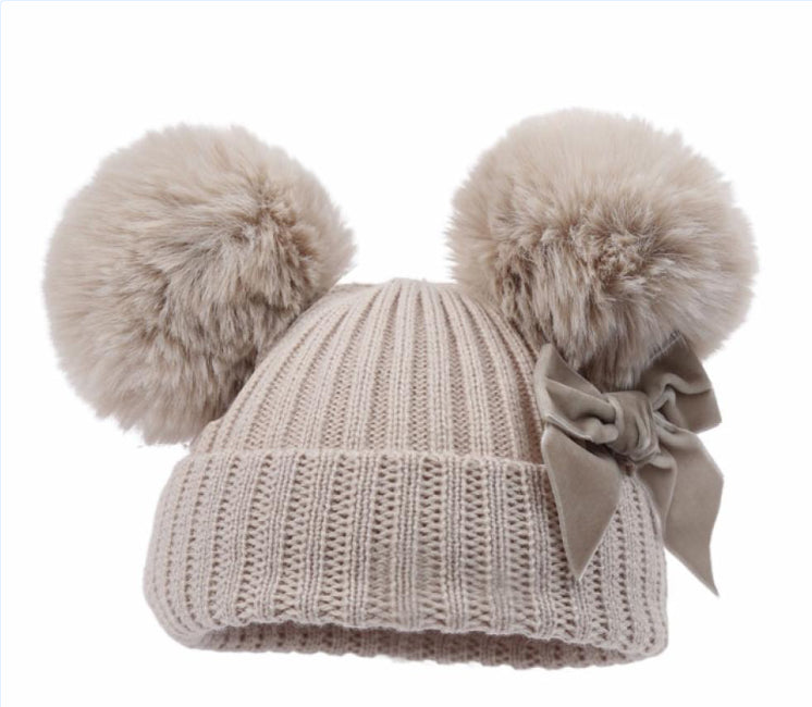 Pom Pom Hat - Beige / Velvet Bow