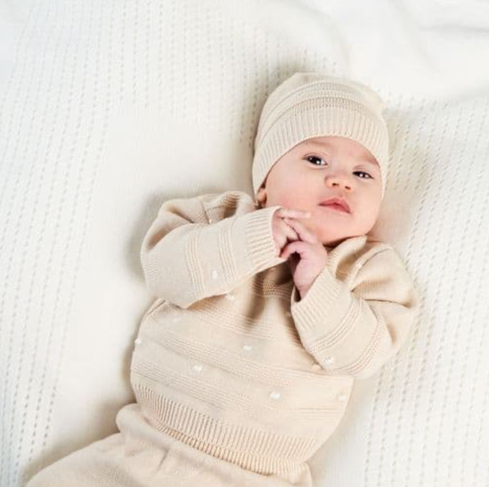 Dandelion Raised Dots Knitted Taupe Top, Trouser & Hat