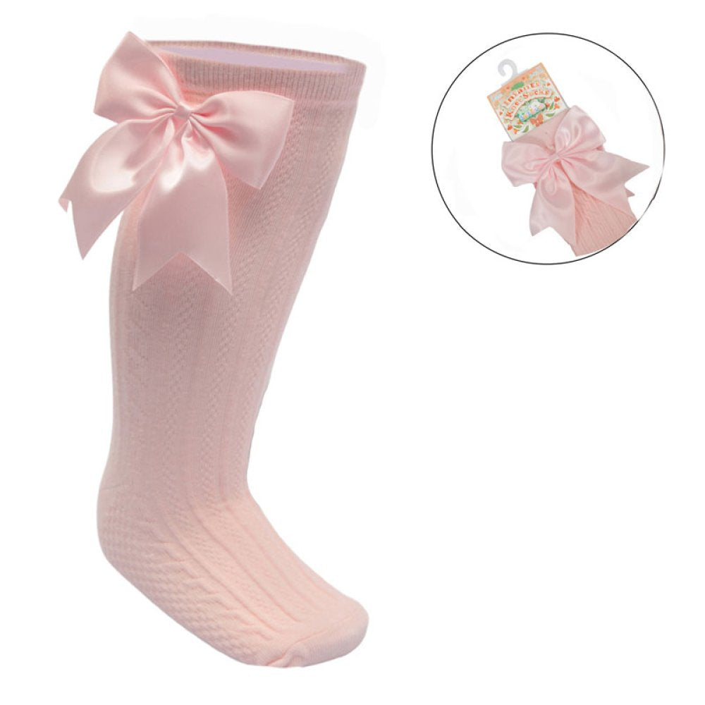 Girls Knee High Bow Socks - Baby Pink