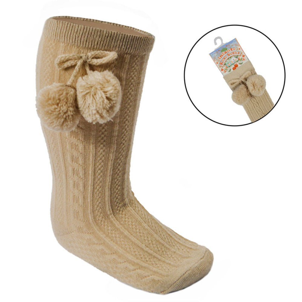 Knee High PomPom Socks - Beige