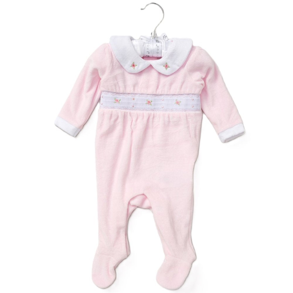 Baby Girls Smocked Velour All In One - With Padded Satin Hanger