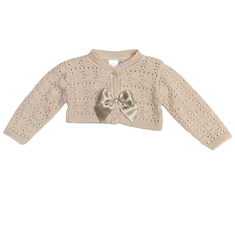 Girls Knitted Bolero Cardigan With Bow - Biscuit