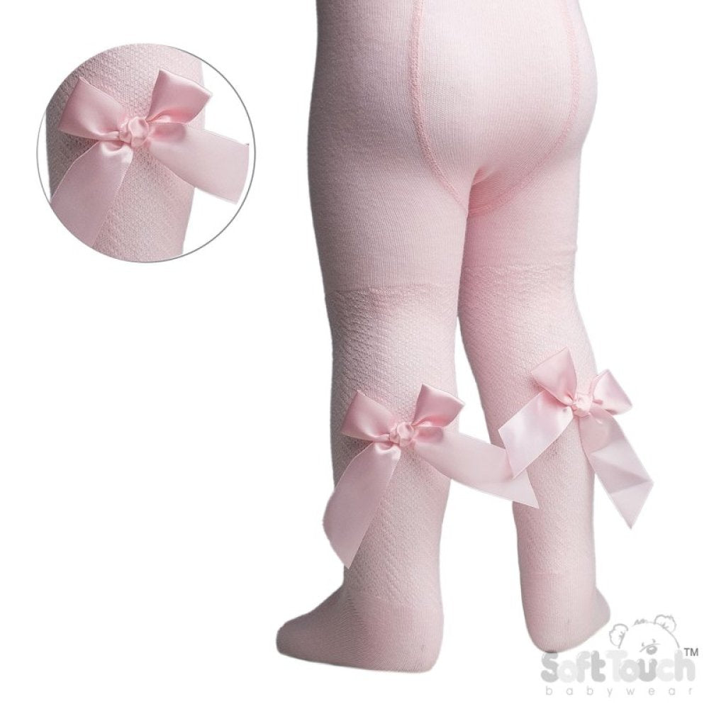 Girls Pink Chevron Knit Bow Tights