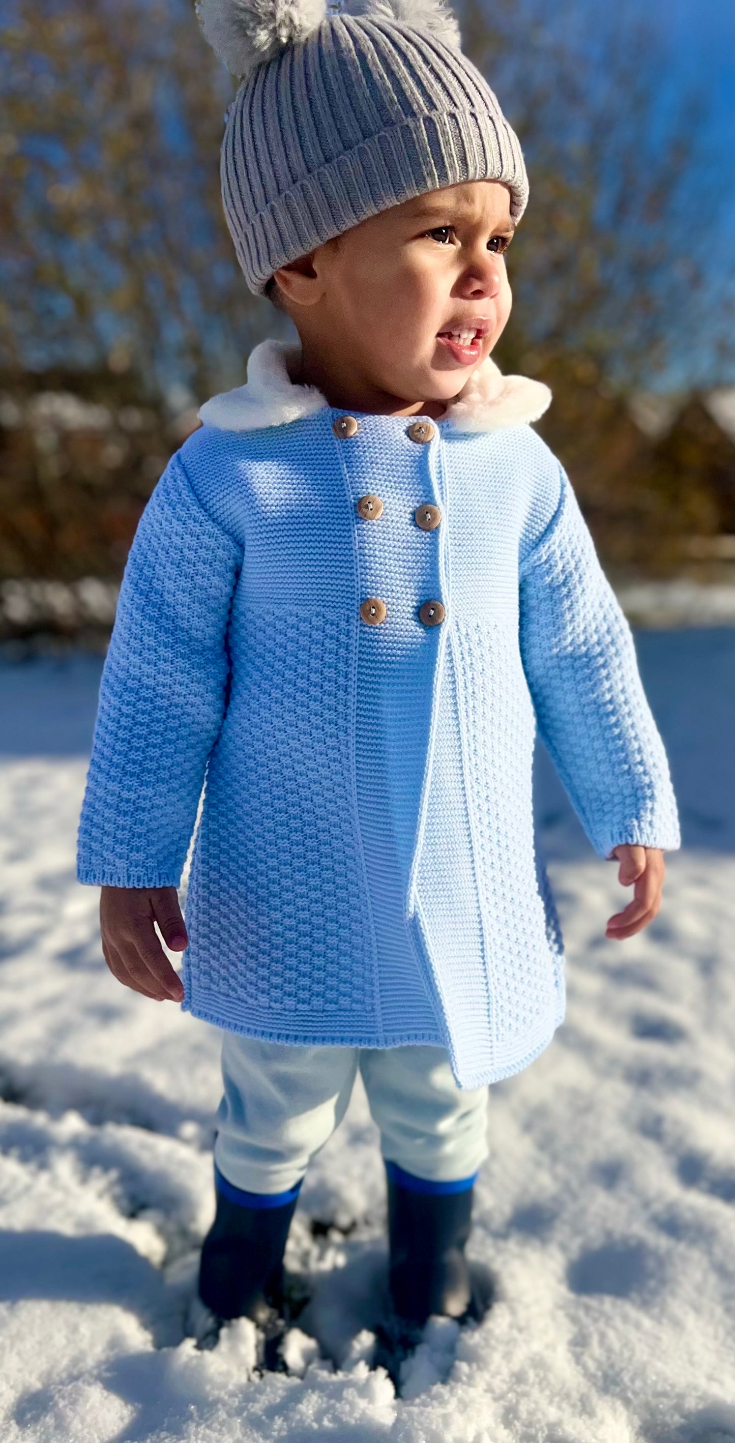 Boys Fur Neck Knitted Cardigan - SKY