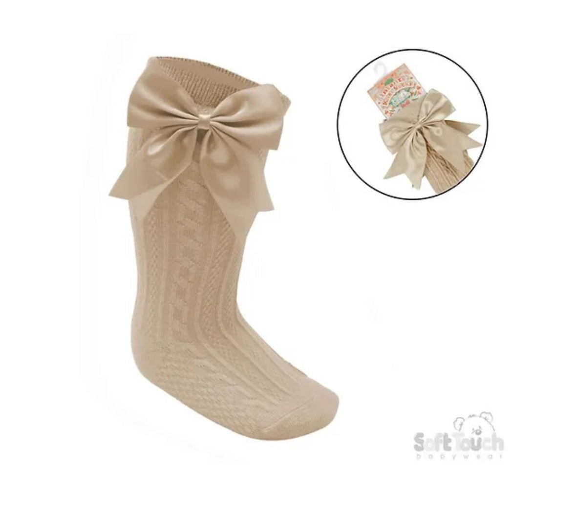 Girls Beige Knee High Bow Socks