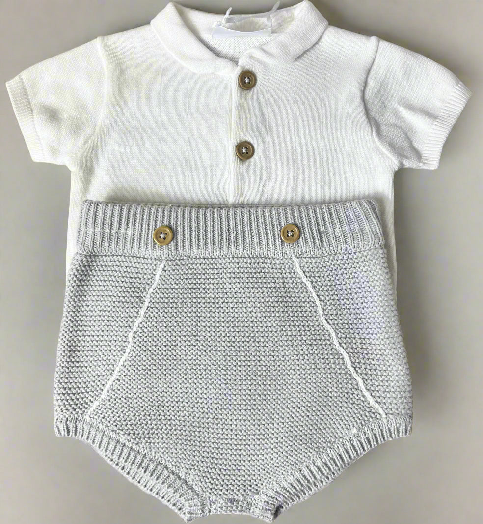 White Polo T & Knitted Shorts-Grey