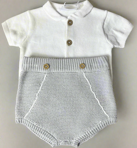 White Polo T & Knitted Shorts-Grey