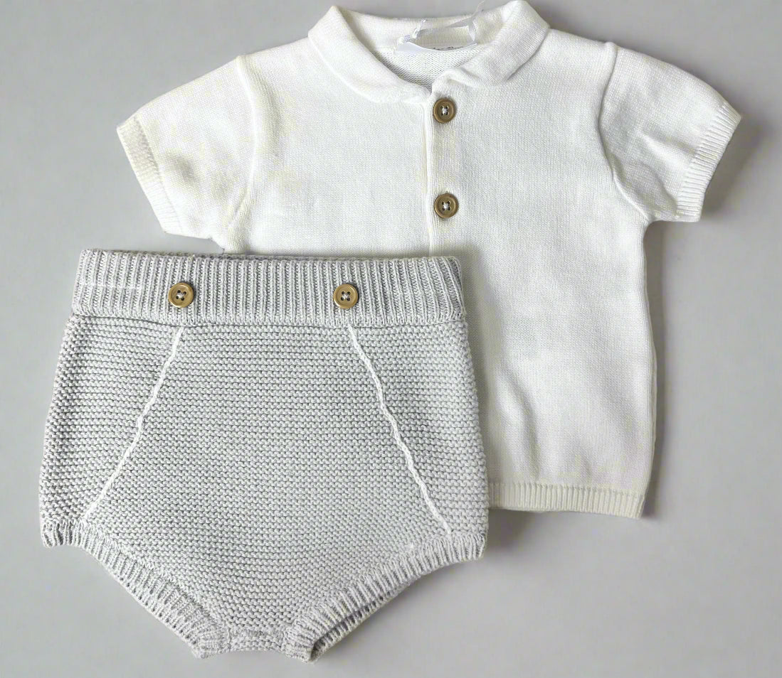 White Polo T & Knitted Shorts-Grey